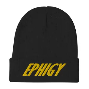 Number9ine EPHIGY Embroidered Beanie, Black, Ribbed Design, Featuring Bold Yellow Lettering, Casual and Stylish Look