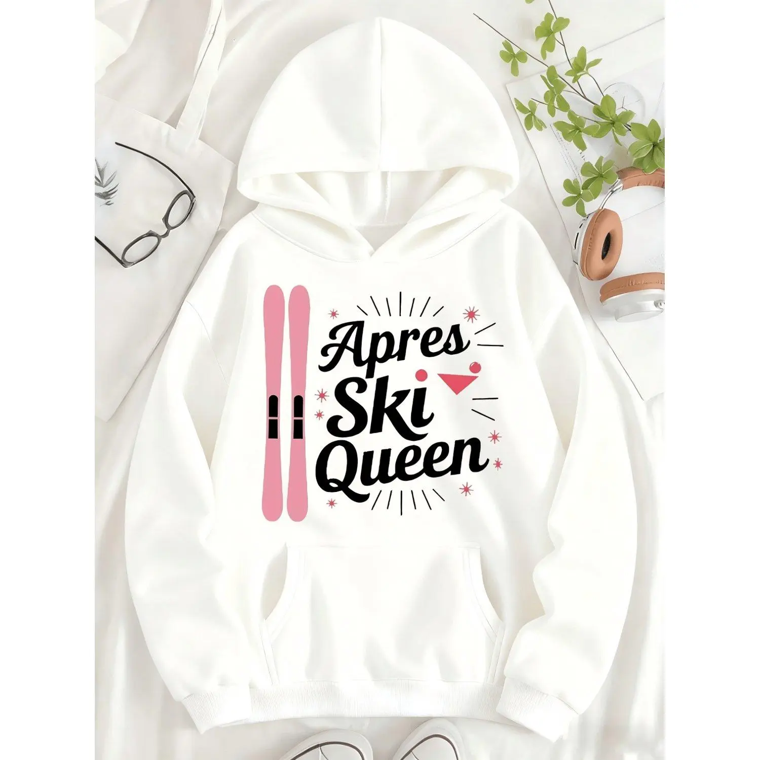 Hoodie Sweatshirt Ski Board Apres Ski Queen Lettering Print Design Personalized Pattern Print Pocket Hooded Pullover Casual Winter Alpine Style Cozy