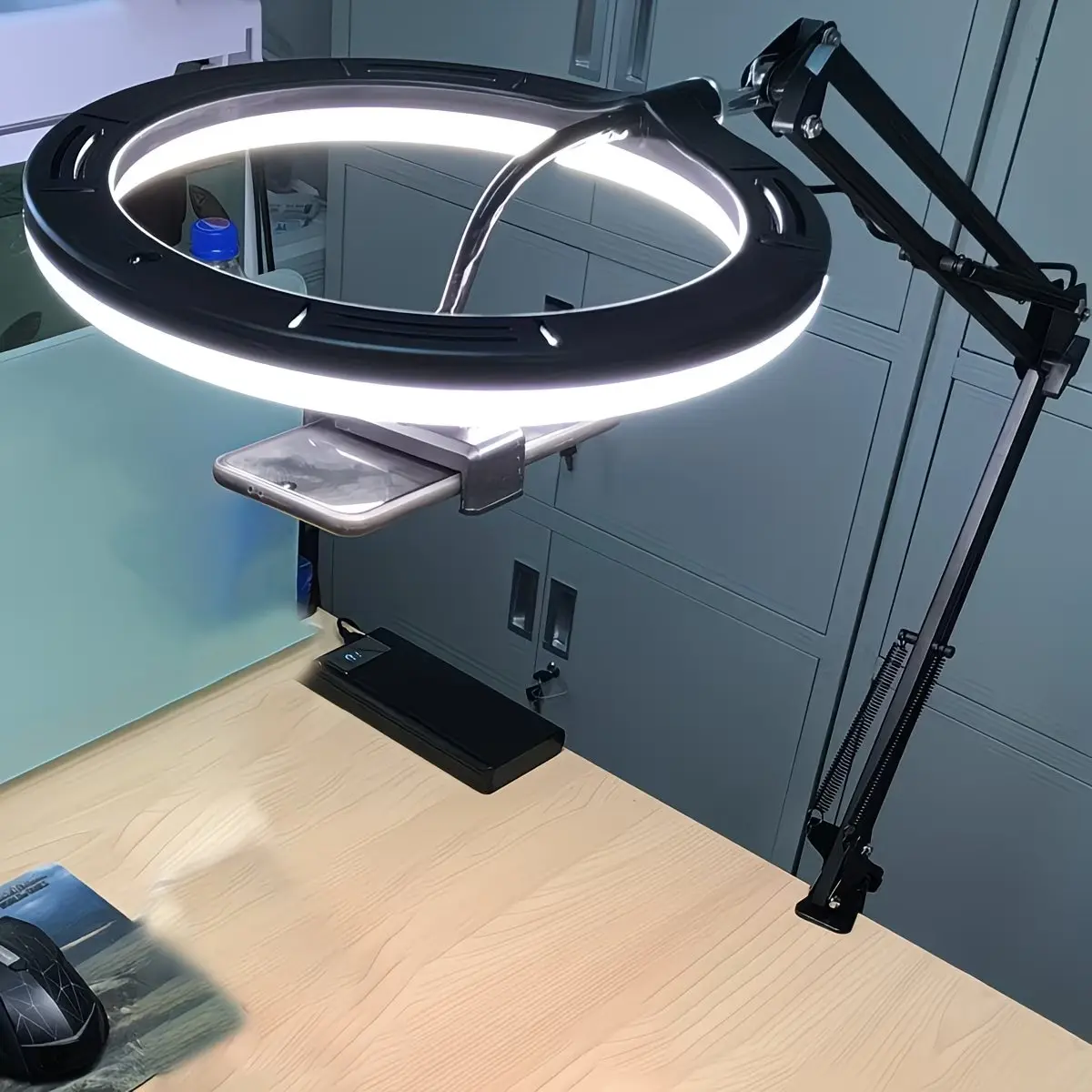 Phone Shooting Stand Desktop Overhead Adjustable Ring Light with Phone Holder, Cell Phone Light, 360 Rotation, Suitable for Manicure, Food Photography, Handmade, Selfies, Video Recording, Live Streaming, Painting