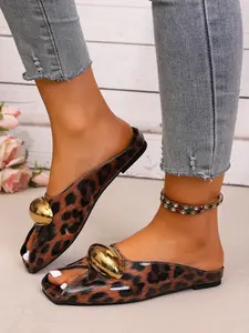 Women's Leopard Print Slip-On Sandals, Round Toe Flat Shoes with Metal Buckle, Perfect for Summer Casual