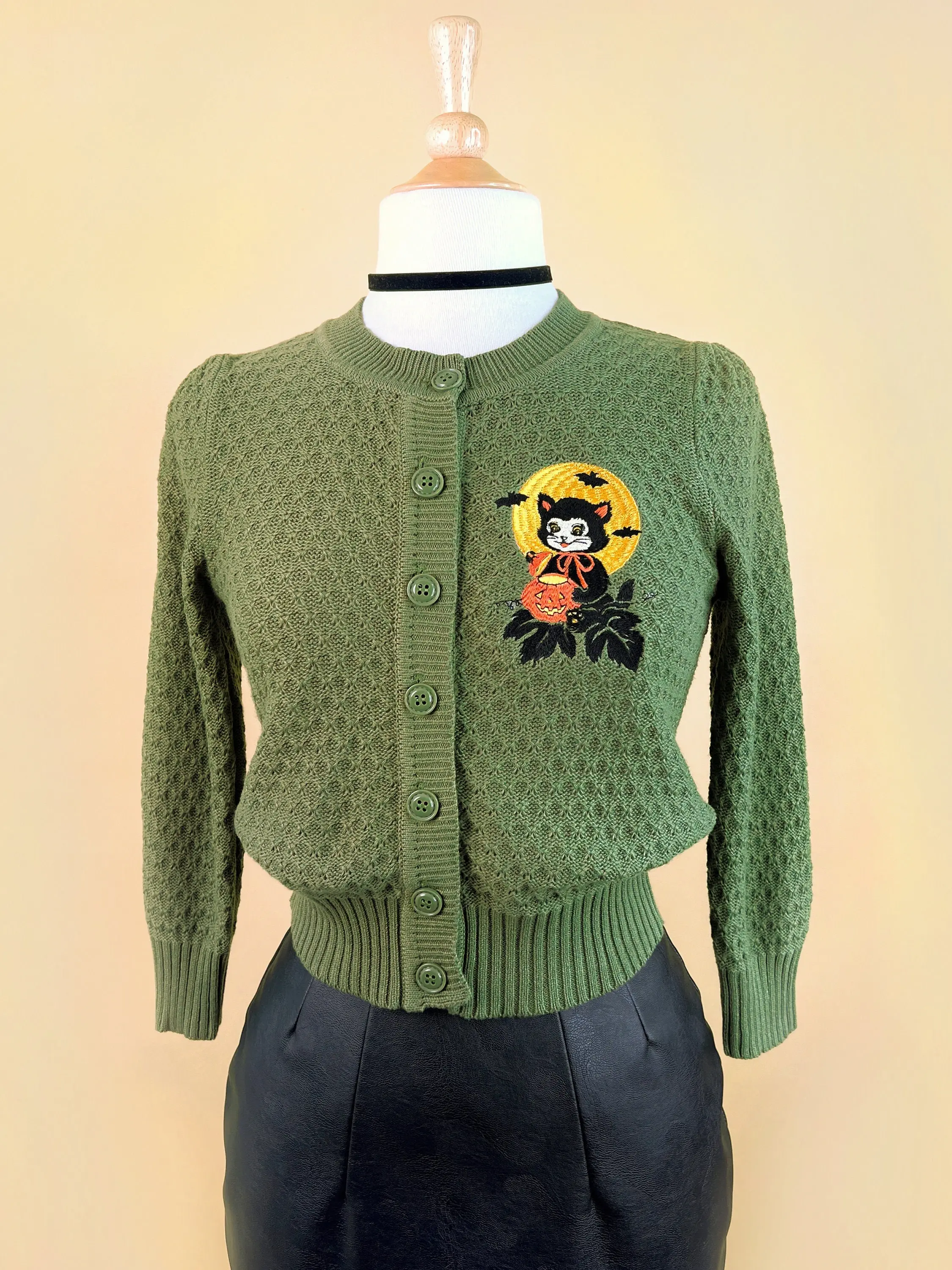 Black Cat Night Cropped Cardigan in Sage size S, M, L, XL Sweater Vintage Halloween inspired By MISCHIEF MADE, Cat