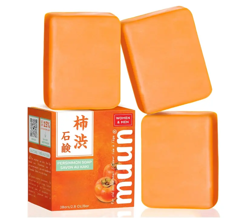 Muun Persimmon Soap Pack 3 For Old People Smell, Odor Control - Japanese Deodorant Soap, Deodorizing Body Wash, Smooth Deeply Cleansing - Body Odor Eliminator