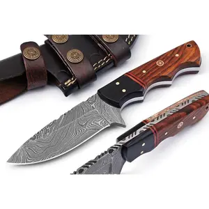 Damascus Skinner Knife 8 Inch Full Tang Rose Wood & Micarta Handle Knives For Hunting, Outdoor Camping, Bushcraft Knives With Leather Sheath