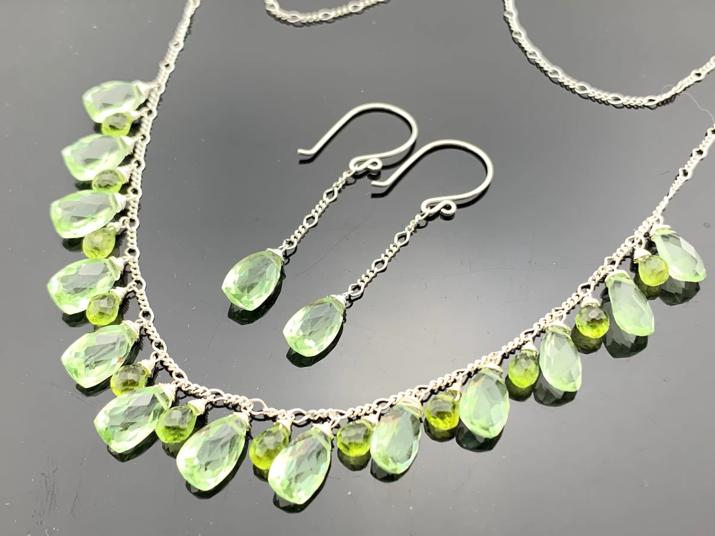 Green Amethyst & Peridot Jewelry Set · 925 Sterling Silver Earrings and Necklace · Natural Gemstone Gift · Handmade for Her
