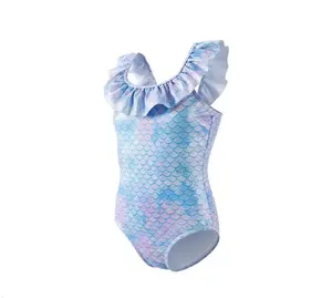 Angel Season Girls One Shoulder Swimsuit Mermaid Scale One Piece Kids Bathing Suit Ruffle Trim UPF 50+ Sun Protection Blue Swimwear for Beach Vacation Pool Swimming Suit
