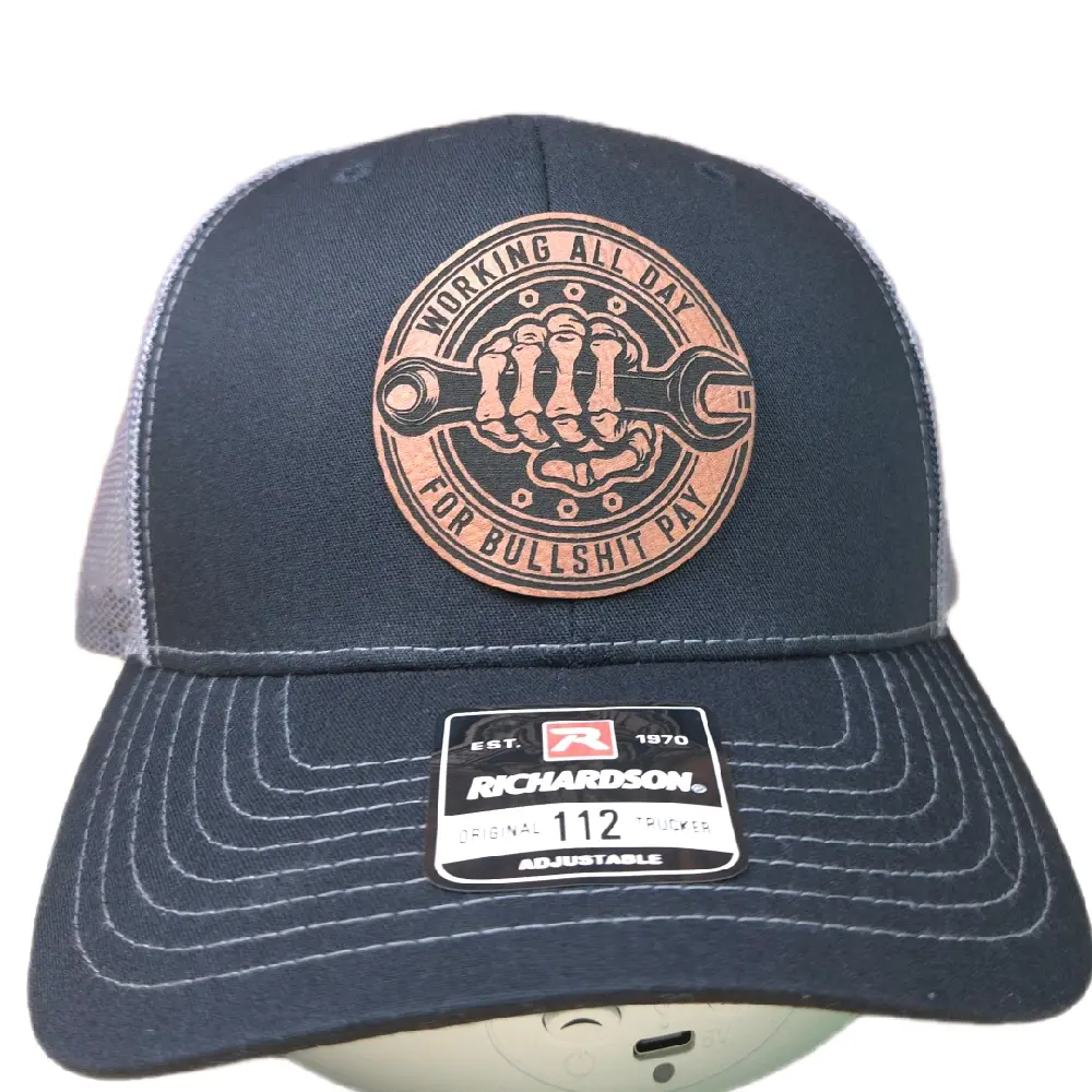 Richardson 112 Trucker Hat - "Working All Day for Bullsh*t Pay" Laser-Engraved Leather Patch - Blue Collar Classic - Adjustable Snapback Mesh Back Structured Front - Premium Richardson Fit - Handmade by Red Shed Custom Woodworking men hats