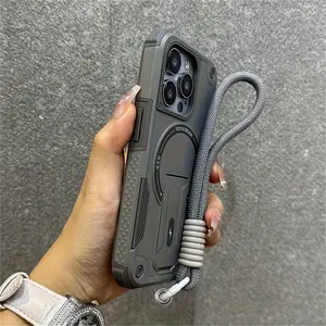Luxury Magnetic Holder Protective Phone Case with Wristband for iPhone 17-11 Pro Max, Silicone Shockproof Back Cover, Stylish Design for iPhone 16 15 14 13 12 11 Pro Max Plus, Accessories, Shockproof Protector