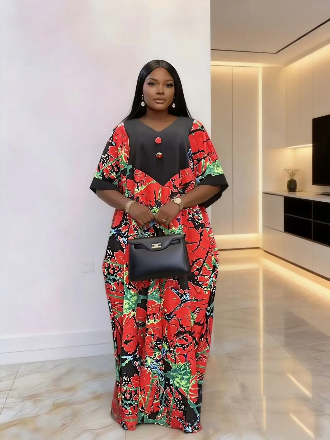 Fashionable Chic loose plus size button print ethnic bouboubou kaftan Nigerian style women's dress African summer V-neck short sleeved daily elegant temperament party beach vacation robe with pockets 2026 Kaftan Dresses