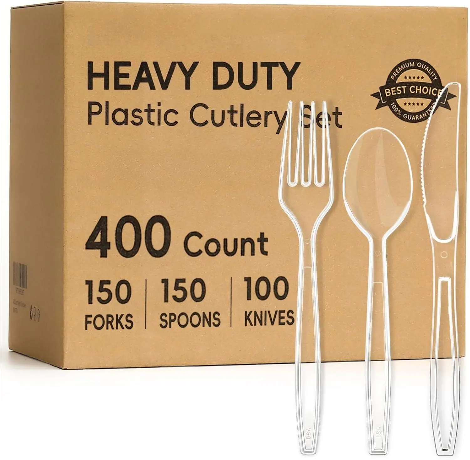 400 Count Heavy Duty Plastic Silverware, BPA-Free, Clear Plastic Cutlery Set, Premium Disposable Utensils for Party Everyday Use, 150 Forks, 150 Spoons and 100 Knives