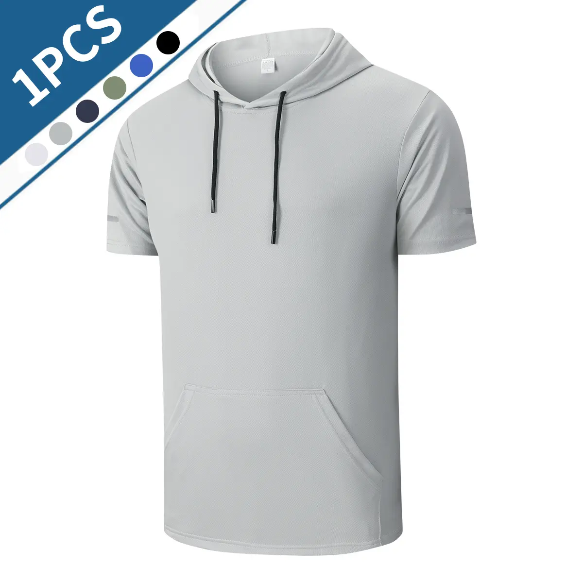 Men’s Short-Sleeve Fitness Hoodie - Fitted Cut Dry-Fit T-Shirt, Lightweight Breathable Fabric, Kangaroo Pouch, Sport Casual Activewear for Training & Running