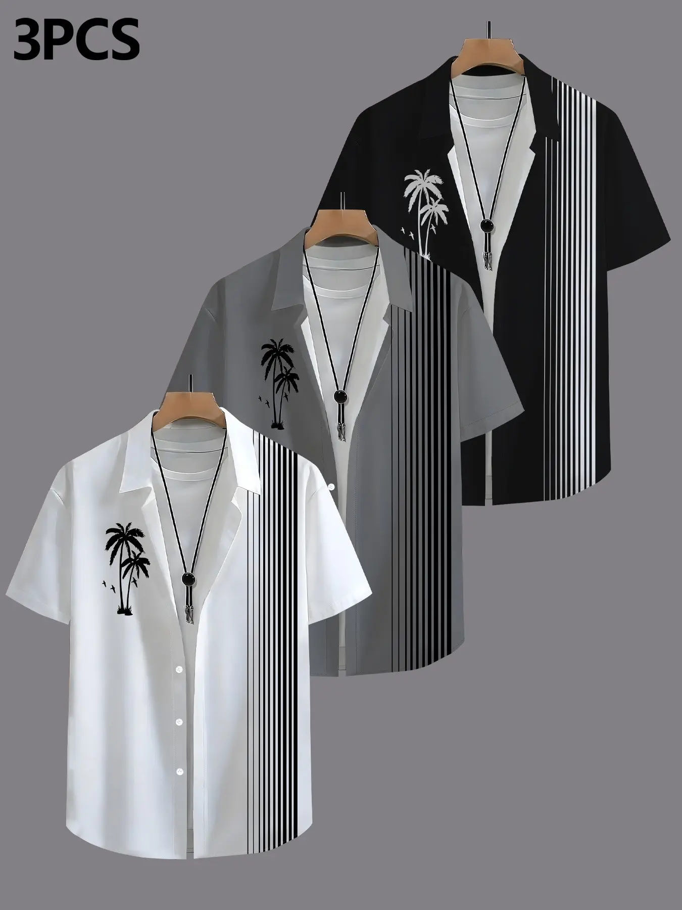 3-Pack Summer Men's Hawaiian Shirts, Collared, Tropical Floral Pattern, Casual Short Sleeve, Comfortable Soft Chiffon Fabric, Ideal for Beach, Pool Party, Daily Wear, Outdoor, Casual Trendy Shirt