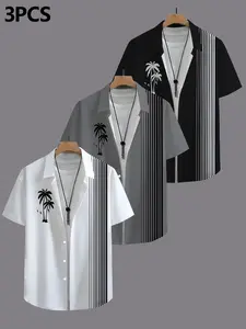 3-Pack Summer Men's Hawaiian Shirts, Tropical Floral Pattern, Casual Short Sleeve, Comfortable Chiffon Fabric, Ideal for Beach, Pool Party, Daily Wear