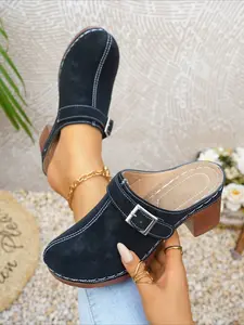 Foreign trade, large size, vintage, thick-soled, braided toe, half-slip women’s shoes, buckle design, casual Müller style, slip-resistant, wearable outside, Casual Clogs