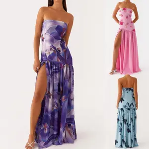 Women's Tube Top Dress,Strapless Backless Mesh Patchwork, Tropical Leopard Print High Slit Long Dress for Party Club Night, Ladies Dress for Indoor Outdoor Wear, Ladies Maxi Dress