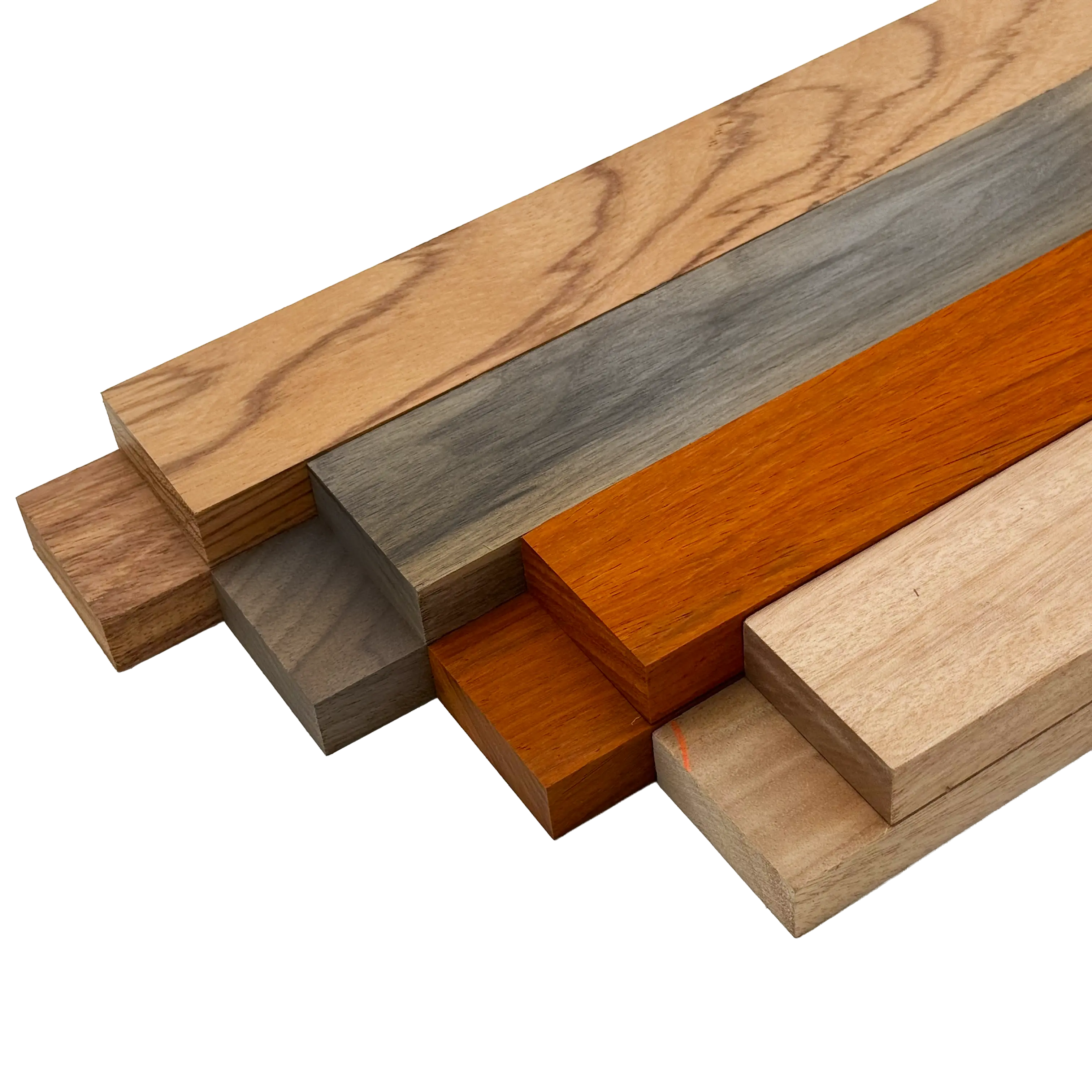 Imported Exotic Hardwood Variety Pack - Red Zebrawood, Walnut, Padauk, Okoume - 3/4" x 2" (8 Pcs)