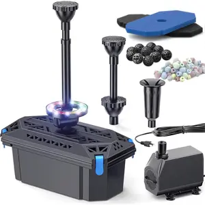 Pond Filter with Fountain Pump Kits, 660GPH Pond Filter Fountain with Colorful Lights, Multi-Layer Filtration, for Outdoor Ponds Up to 2000 Gallons, Fish Tank, Waterscape - Corded Electric