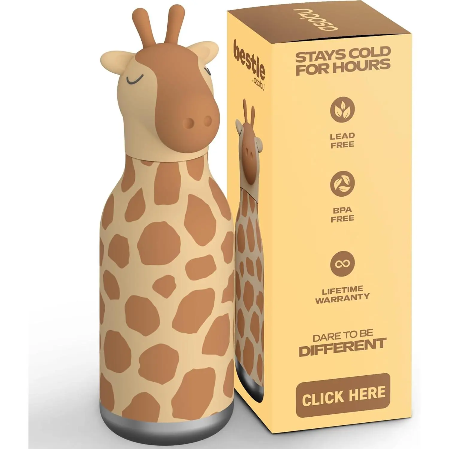asobu Bestie Bottle Insulated Stainless Steel Water Bottle with Detachable Soft Animal Head Fun Drinking For Kids and Teens16 Ounce with Flexible Reusable Straw (GIRAFFE)