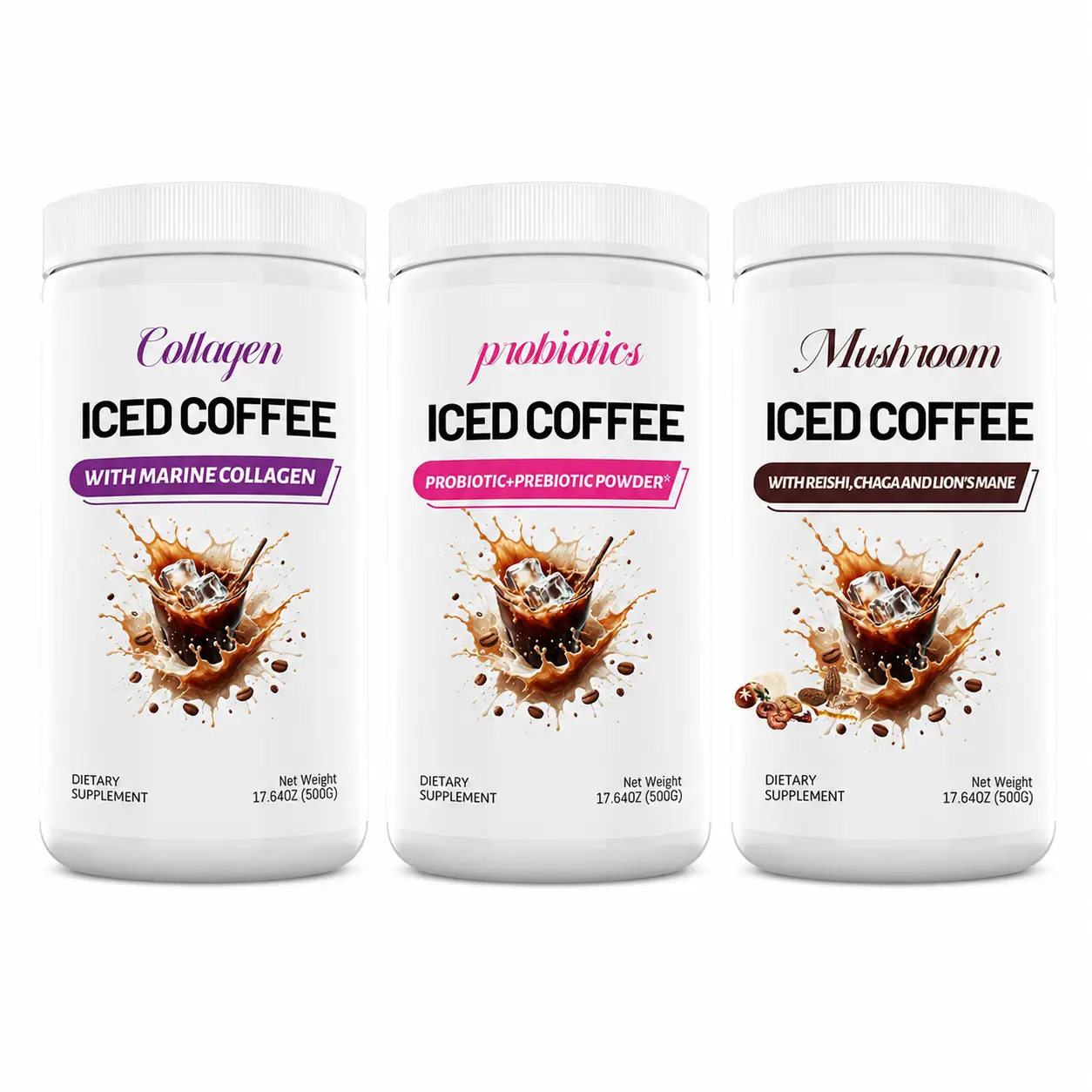 3 Pack Instant Iced Coffee Variety Bundle – Probiotic + Prebiotic, Marine Collagen & Mushroom Coffee Mix with Reishi, Chaga & Lion’s Mane, 500g Each