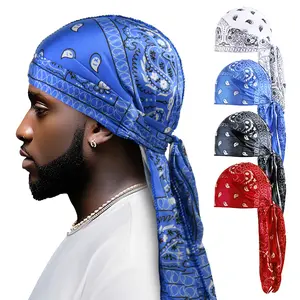 4pcs Men's Paisley Silky Durags Hiphop Head Wrap Du Rags Bandana Cap Pirate Hat Headband Long Tail Cap