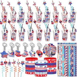 24 Sets 250th Anniversary 4th of July Party Favors Gifts Set 194 Pcs  Independence Day Cup Fillers Patriotic Party Keychain Pencil Silicone Bracelet for Family Boys Girls for Memorial Day Patriotic Gift Bingo BBQ Game Prize Rewards