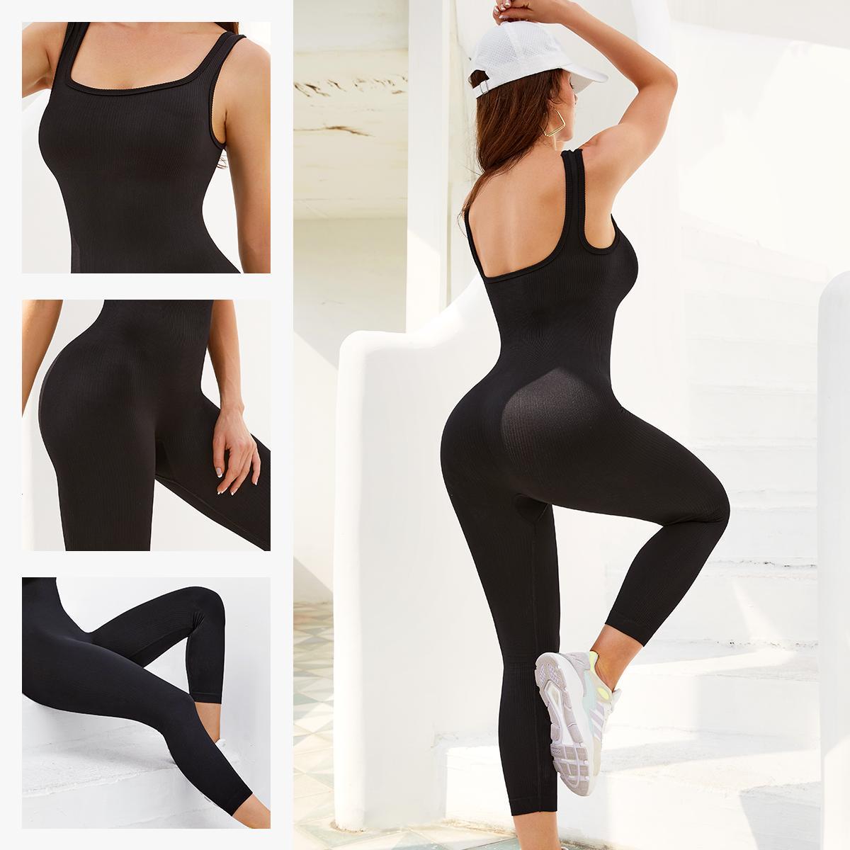 Nebility Women's Workout Seamless Yoga Ribbed Bodycon Jumpsuit Cut Out Asymmetric One Piece Leg Lengthening Tank Top Leggings Romper Stylish Activewear Stretchable All Season Solid Color Sports Jumpsuit