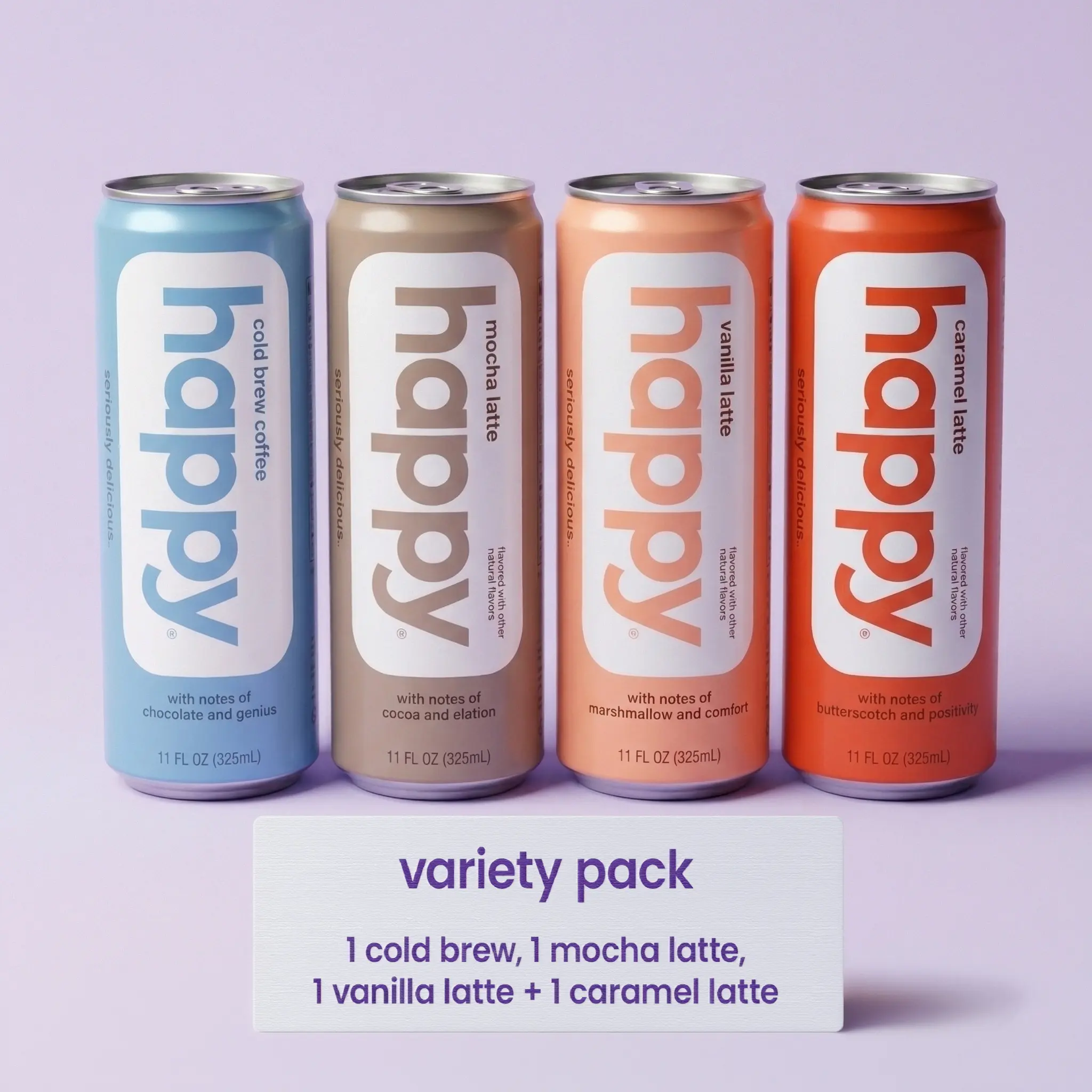 Happy Canned Coffee 4-Pack 11 oz Variety Pack - Cold Brew, Vanilla Latte, Mocha Latte, Caramel Latte