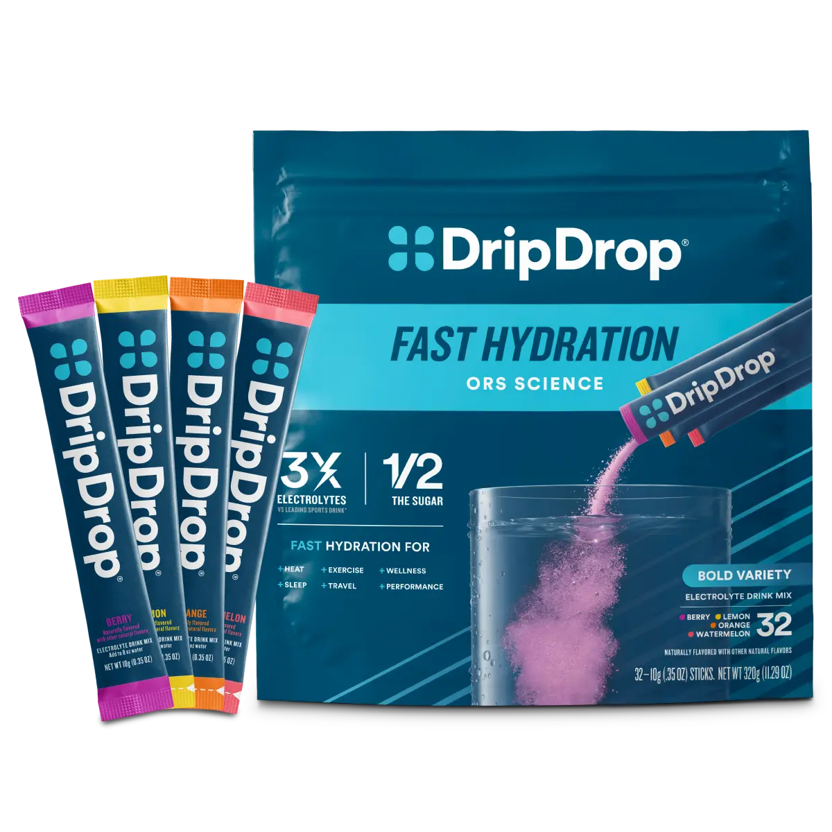 DripDrop Bold Variety Pack Electrolyte Powder, 8 oz sticks, 32 count