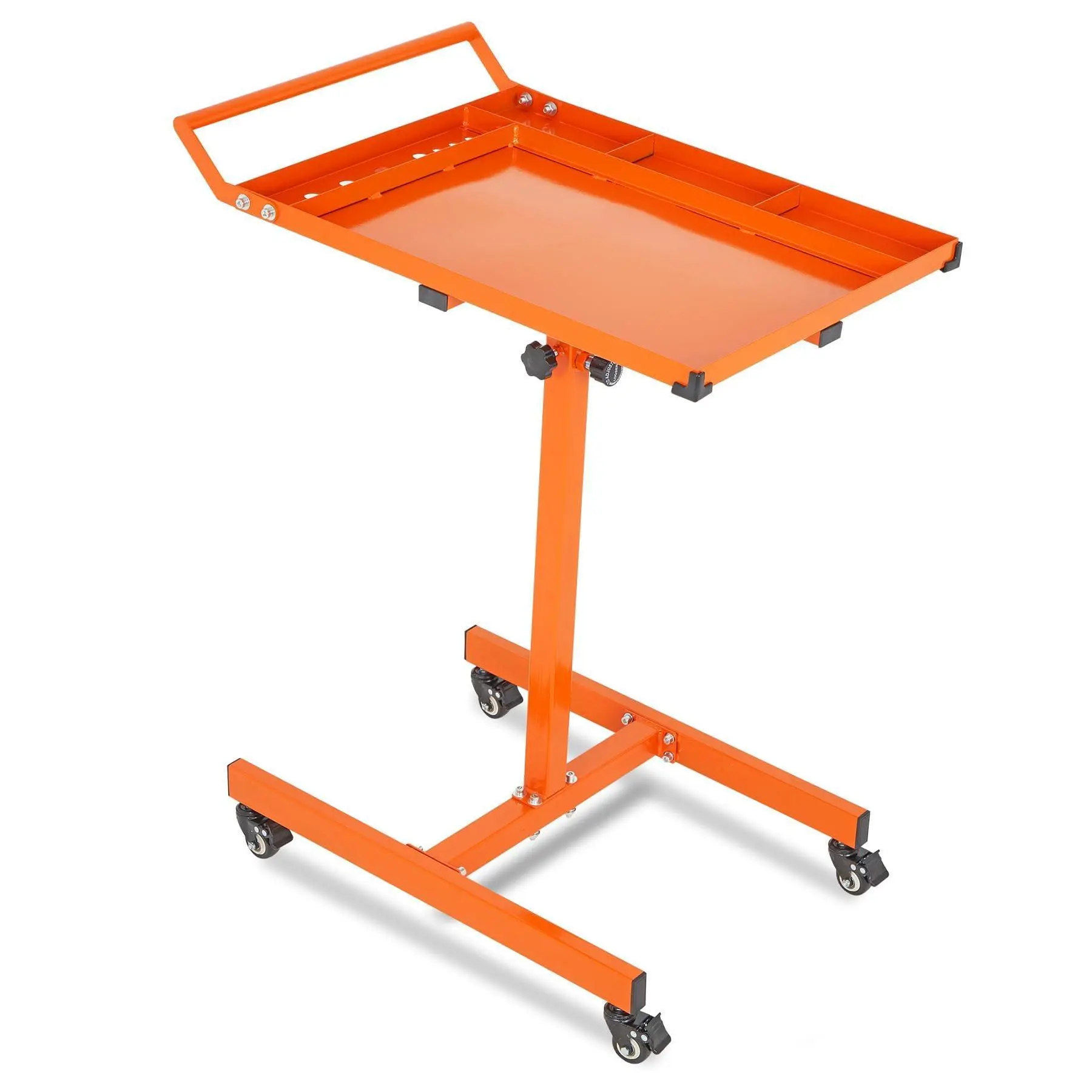 Sturdy Mobile 1-Layer Stainless Steel Frame Mechanic Workbench Cart - Height-Adjustable Heavy-Duty Tool Tray with Wheels, Pre-Drilled Holes, 300Lbs Capacity, Lock, Orange for Garage Workshop