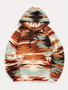 Women's Geometric Print Drawstring Adjustable Fuzzy Hoodie, Casual Long Sleeve Pocket Hooded Top for Fall & Winter, Women's Clothes for Daily Wear