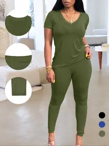Women's Solid V Neck Basic Tee & Skinny Pants Two-piece Set, Womenswear Casual Comfy Fitted Fit Short Sleeve T-shirt & Pants for Everyday Daily Wear, Ladies Summer Clothes
