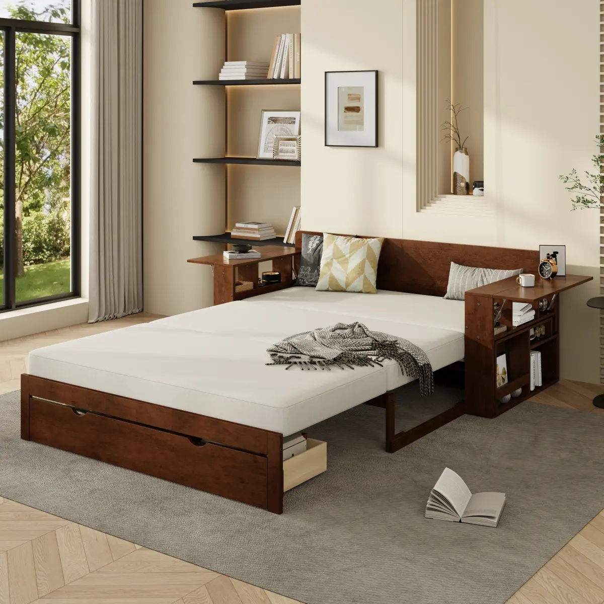 Extendable Daybed with Trundle, Drawers and Removable Desk, Full Size Platform Sofa Bed Frame for Teens Adults/No Box Spring Needed