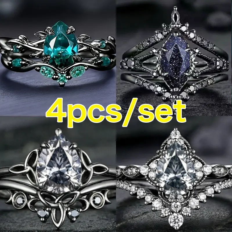 4PC Vintage Black-Silver Drop Fashion Engagement Bridal Ring Set - Exquisite Carved for Wedding Occasions, Ideal for Rings Wedding Sets, Fashion Engagement Ring
