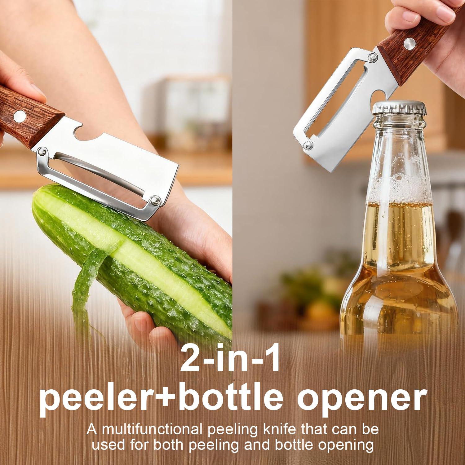 2-in-1 Peeler with Bottle Opener | Sharp Stainless Steel Fruit & Veggie Peeler, Wooden Ergonomic Non-Slip Handle