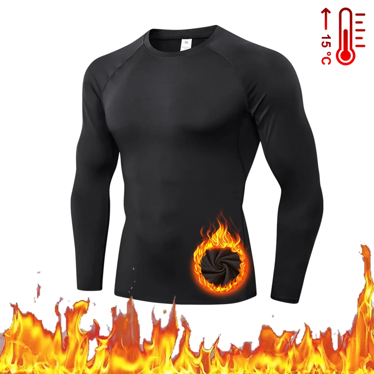 Men's Athletic Polyester Thermal Compression Shirt, Long Sleeve Fleece-Lined Base Layer for Cold Weather Sports, Full Arm Coverage, Normal Type, Plain, Fleece Liner, Thermal Tops