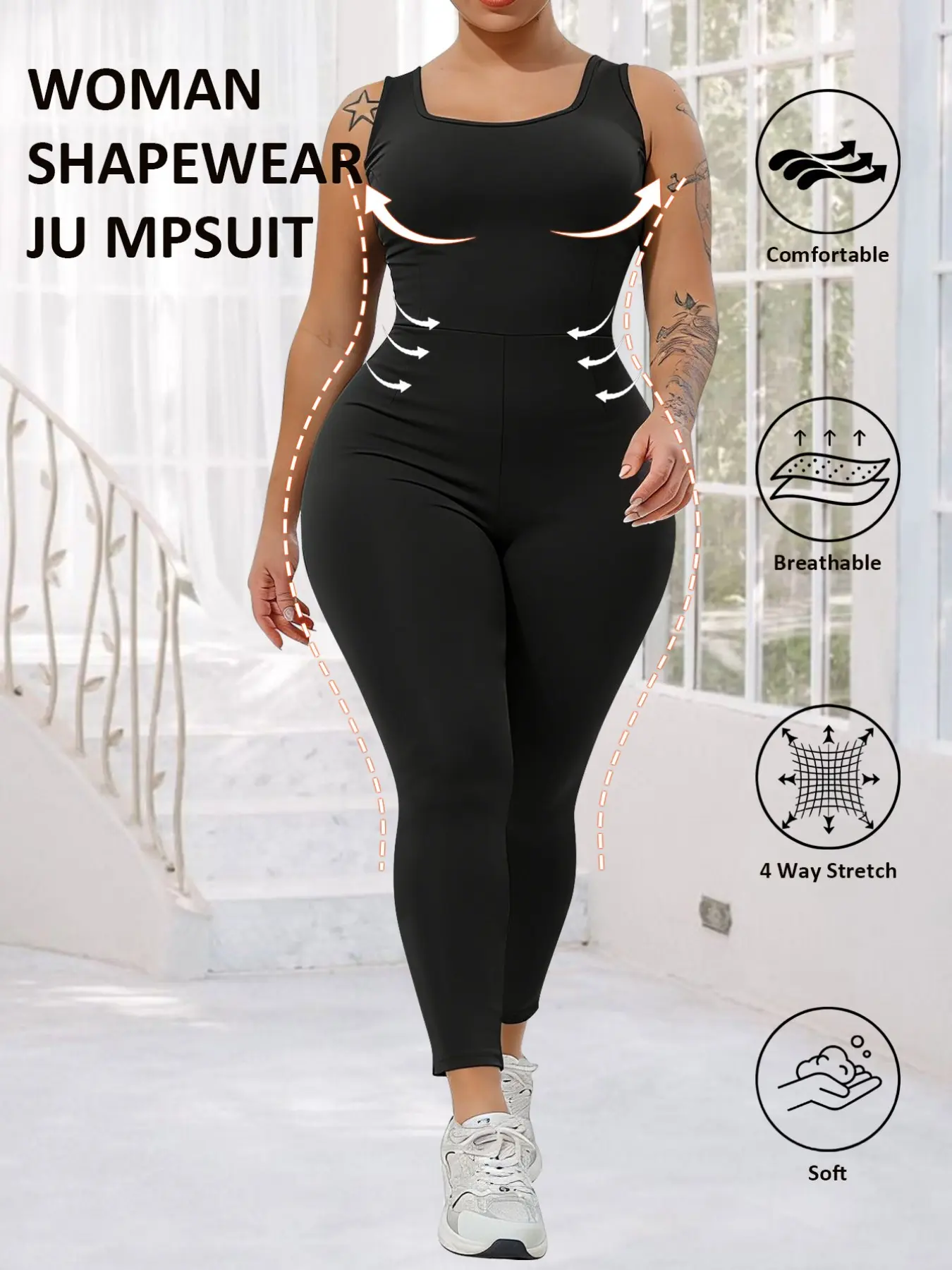 Women's Plus Size Sleeveless Sports Bodysuit, U Neck Solid Color One-Piece, Sporty Comfy Jumpsuit, Comfortable Sportswear for Women, Workout Jumpsuit, Workout Fitness Jumpsuit, Stretchable Activewear
