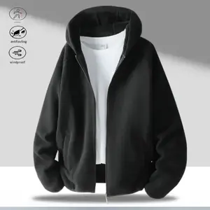 A black hooded fleece zip up jacket, leaning more towards a casual warm style, simple and straightforward. The hooded design adds a relaxed and casual atmosphere, while the fleece lining provides good warmth, suitable for autumn and winter wear.