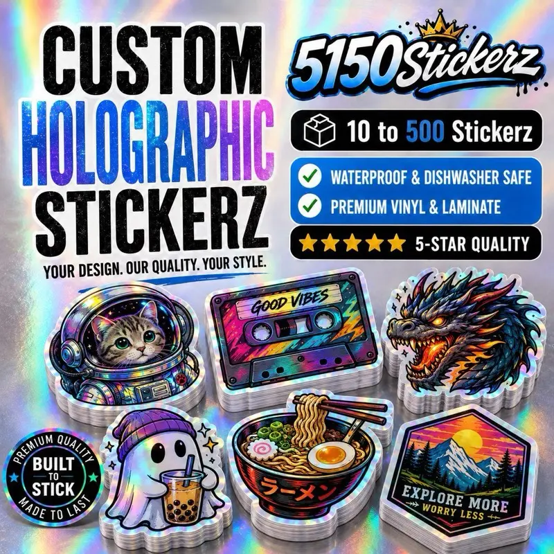 Custom Holographic Vinyl Stickers - 2, 3, 4 Inch Sizes - Permanent Laminated High-Quality Vinyl - 50, 100, 300 Pieces - Easy Application for Personalization