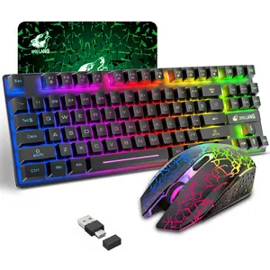 Wireless Gaming Keyboard & Mouse Set, 87-key Rainbow LED Backlight Keyboard & RGB Silent Mouse, Rechargeable Keyboard & Mouse Set for Gaming, Backlit Keyboard