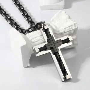MILACOLATO Stainless Steel Large Cross Chain Silver/Gold/Black Cross Pendant Byzantine Chain Necklace Cross Necklace for Men ,24" Daily