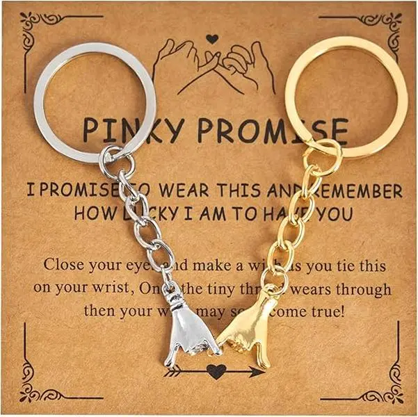 Pinky Promise Couple Matching Keychain Set (1 Gold, 1 Silver) - Premium Elegant Daily Keepsake for Him & Her, Fashion Keychain for Valentine’s Day Anniversary Gifts