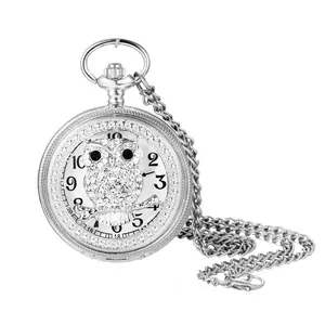 OIDEA Vintage Owl Pocket Watch Necklace, Hollow Carved Case, Rhinestone Accents, Arabic Numeral Dial, Long Chain Unisex Quartz Fashion Accessory