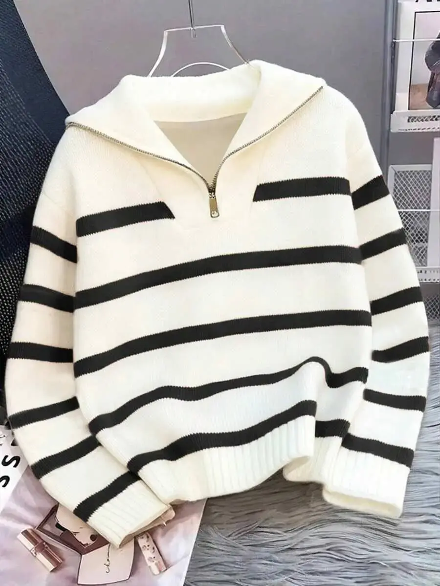 Girls/Teens elegant, fashionable, minimalist retro trendy knit pullover sweater with V-neck and zipper placket, striped color-block design; suitable for everyday wear, commuting, casual outings; spring/autumn/winter