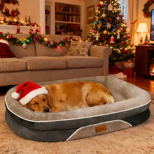 Orthopedic Dog Bed, Extra Large Dog Bed, Dog Sofa for Large Sized Dogs with Full-Surround Bolsters, Dual-Sided Dog Cooling Bed with Memory Foam, Washable Sofa with Nonslip Bottom, Light Grey
