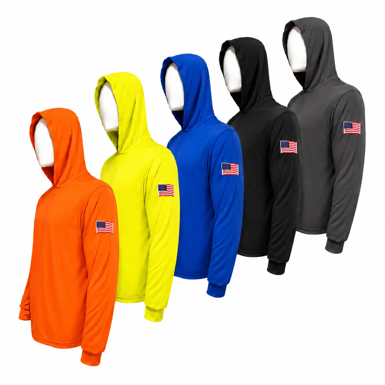 AMERICAN SIZE 1 SHIRT With USA Flag logo on Left Arm and Hi Vis Long Sleeve Safety Shirt With Hoodie, Quick Dry Polyester Birdeye mesh / Ultra lightweight hoodie  shirt Reflective Thin Pullover Long sleeves ( 1 SHIRTS PER ORDER)