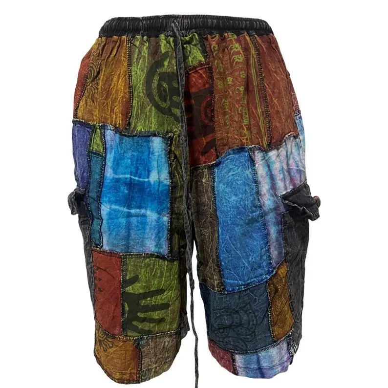 Men’s Patchwork Shorts Handmade Cotton Hippie Boho Bohemian Yoga Comfy Lightweight w/2 Side Pocket