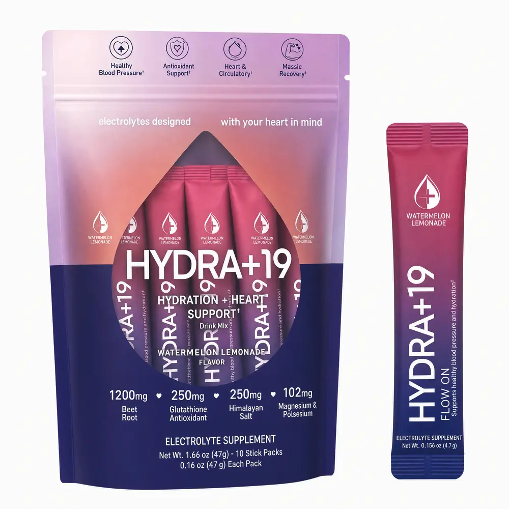 Hydra+19 Hydration + Heart Support Drink Mix with Electrolytes, Beet Root, L-Glutathione & Himalayan Salt – Watermelon Lemonade, 10 or 30 Count