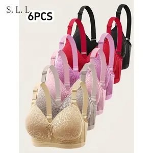 6pcs Women'S Lace Bra Set, Wireless Nylon Floral Push-Up with Adjustable Straps and Non-Removable Pads, Comfortable Casual Style for Everyday Wear2025 No.533