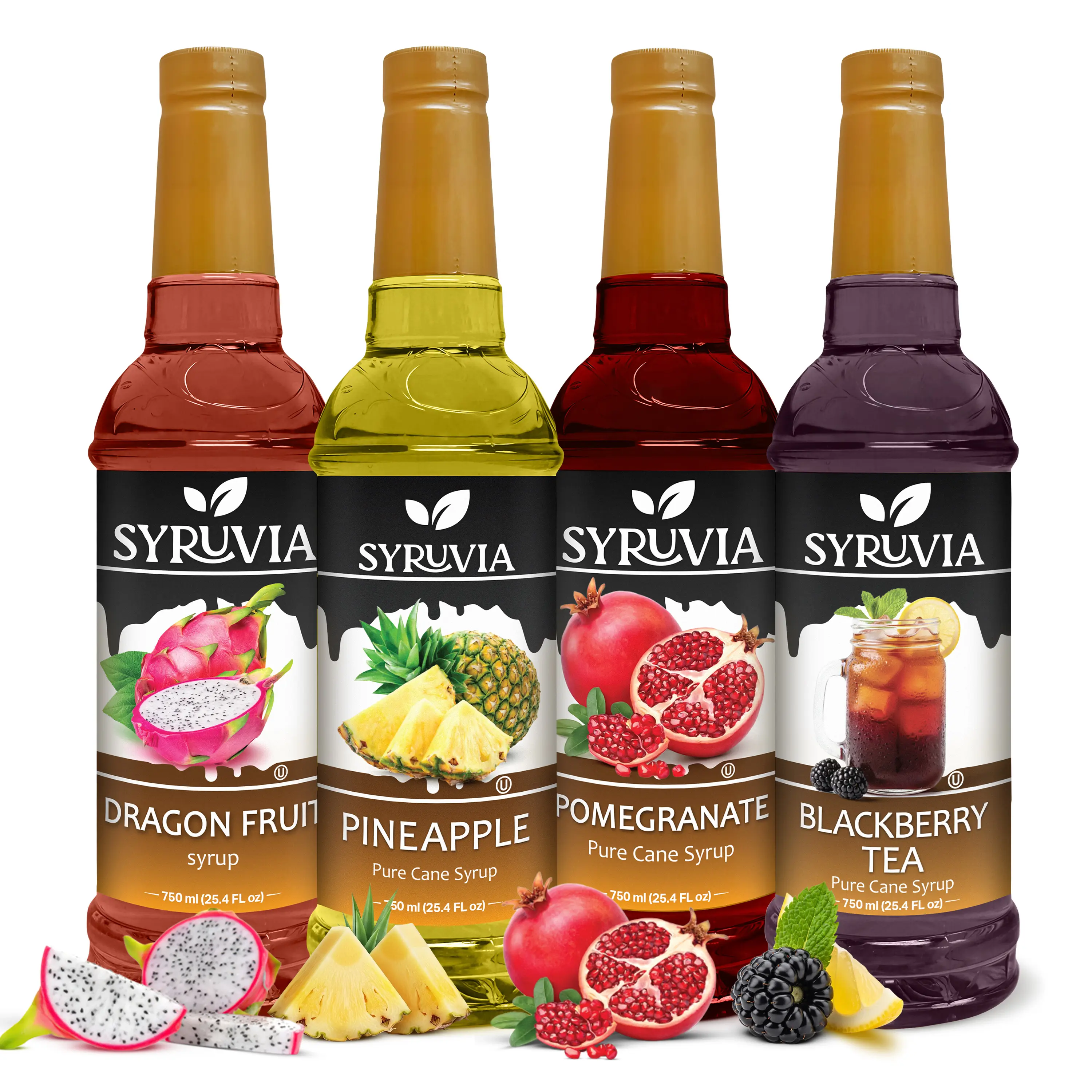 Syruvia Premium Sweet Beverage Variety Pack - Dragon Fruit, Pineapple, Pomegranate, Blackberry Tea Syrups - 25.4 oz Bottles (4 Pack) - Ideal for Lemonades, Iced Tea