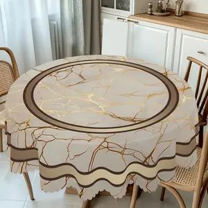 Elegant Marble-Themed Round Tablecloth - Polyester, Machine-Woven, Golden Veining & Lace Trim | Perfect for Spring, Summer, Easter, Parties, Kitchen, Outdoor Use