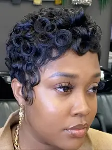 Curly Wave Wig Pixie Cut Wig for Women Premium Human Hair Wigs Full Machine Made Wig 150% Density 6 Inch